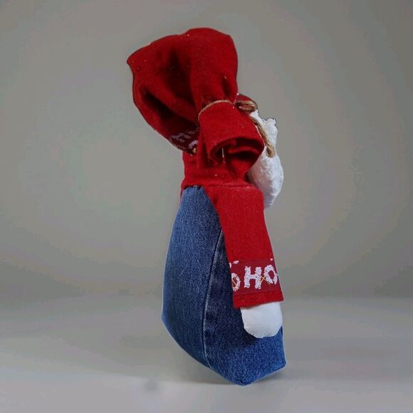 Santa Claus Standing Figure 14" Blue Denim Stocking Cap Holly Red Table Decor - Picture 4 of 7